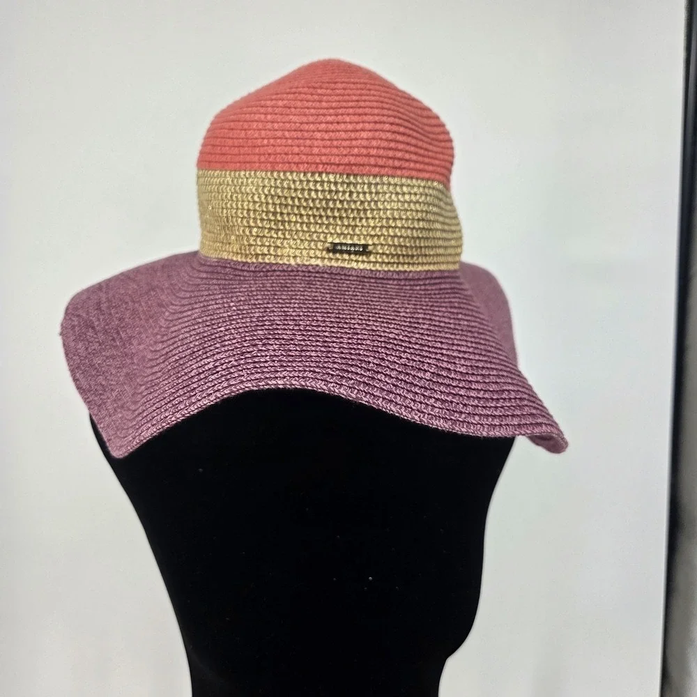 Amiani Wide Brim Straw-Look Sun Dual Tone Hat Pink And Purple Barbiecore